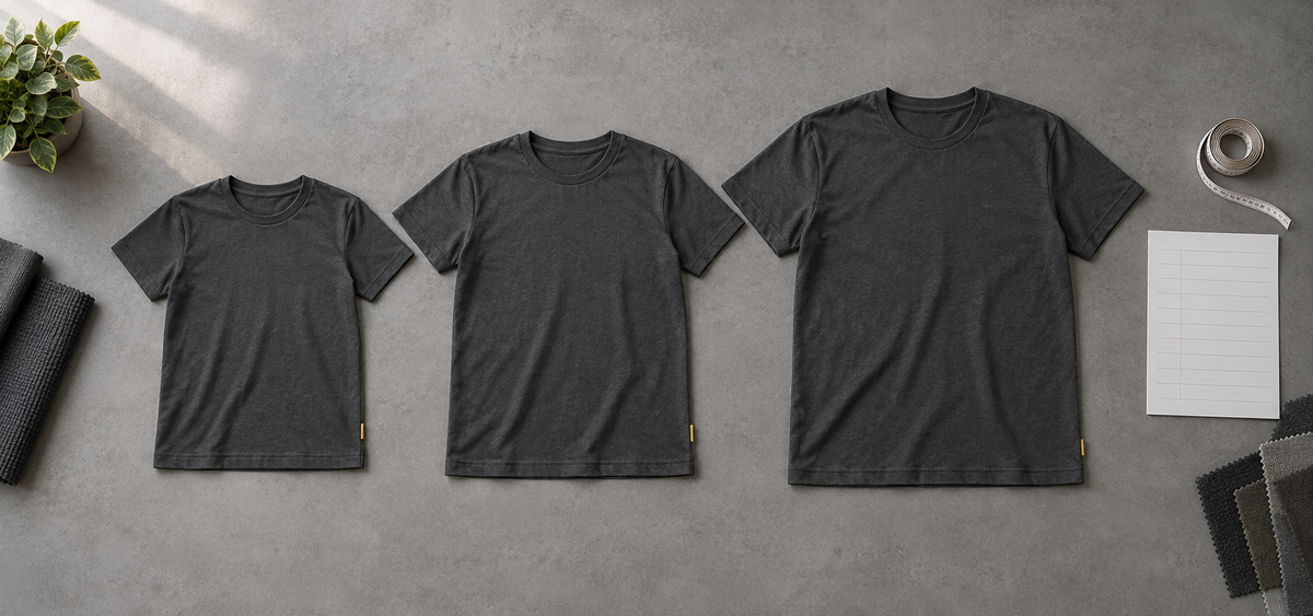 Three charcoal crewneck T-shirt samples in different sizes beside a coiled measuring tape and a blank measurement worksheet.