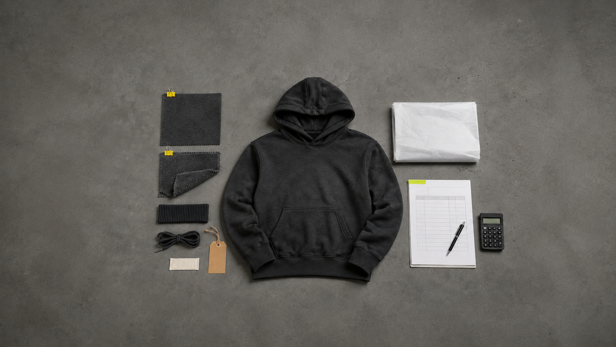 Charcoal hoodie with fabric swatches, trims, packaging and a quote worksheet illustrating manufacturing cost inputs.