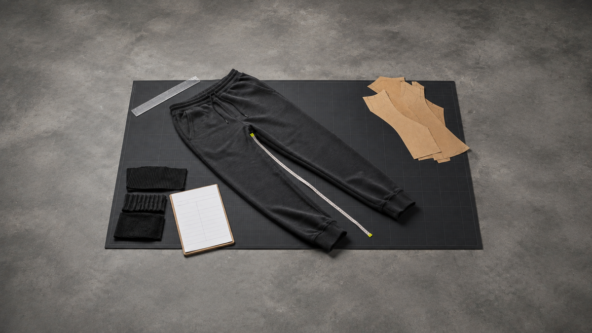 Charcoal joggers on a cutting mat with an inseam measuring tape, pattern pieces, trim swatches and a measurement sheet.