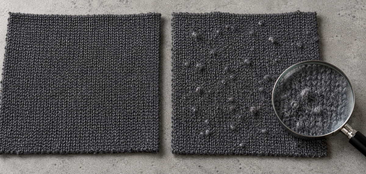 Illustration of smooth and pilled charcoal knit fabric swatches with a magnifying glass