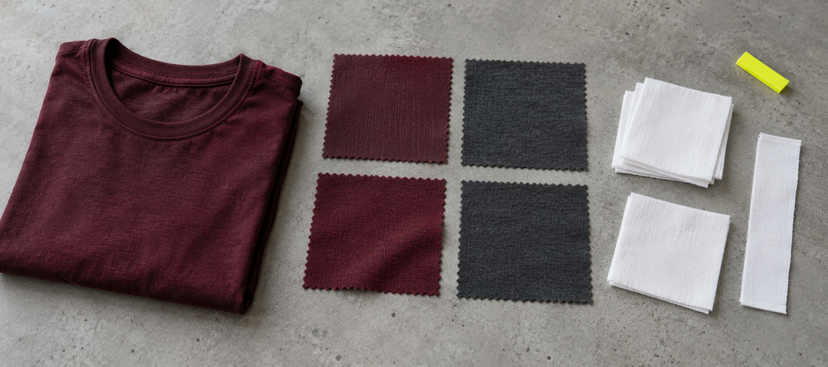 Burgundy and charcoal knit swatches beside a folded T-shirt and clean white test cloths on a gray sample-preparation table
