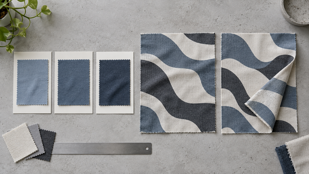 Solid slate-blue fabric samples on blank cards beside larger patterned print trials on a gray workbench