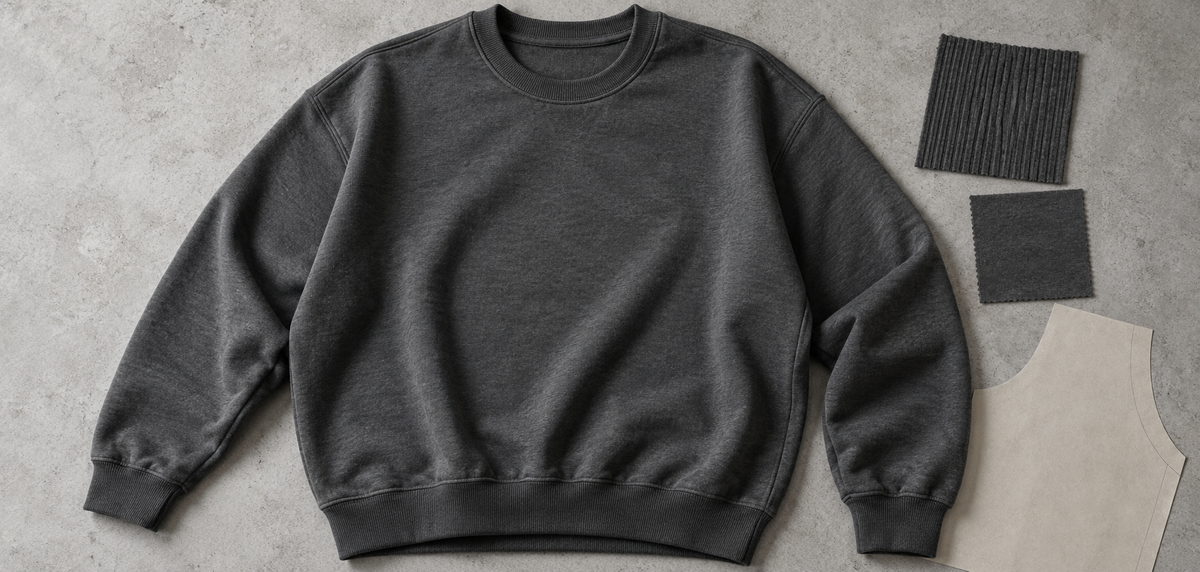 Charcoal crewneck sweatshirt with rib collar, cuffs and hem beside rib swatches and pattern paper on a gray development table