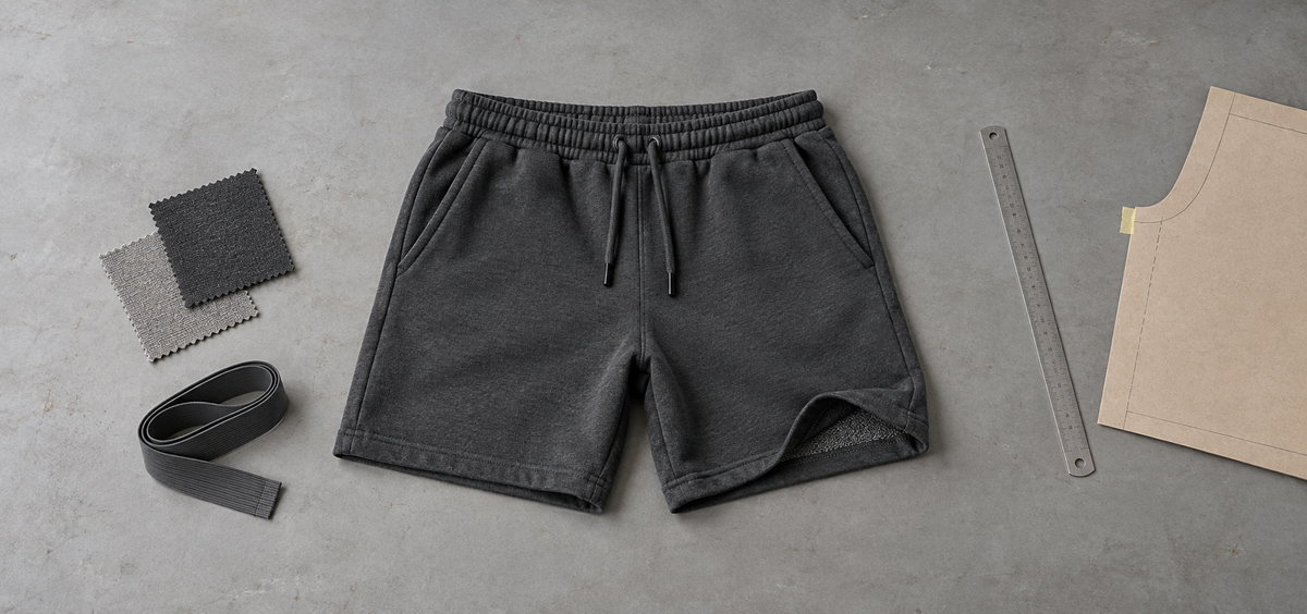 Charcoal sweat shorts with a drawcord waistband, pocket openings, fabric swatches, elastic and pattern-making tools.