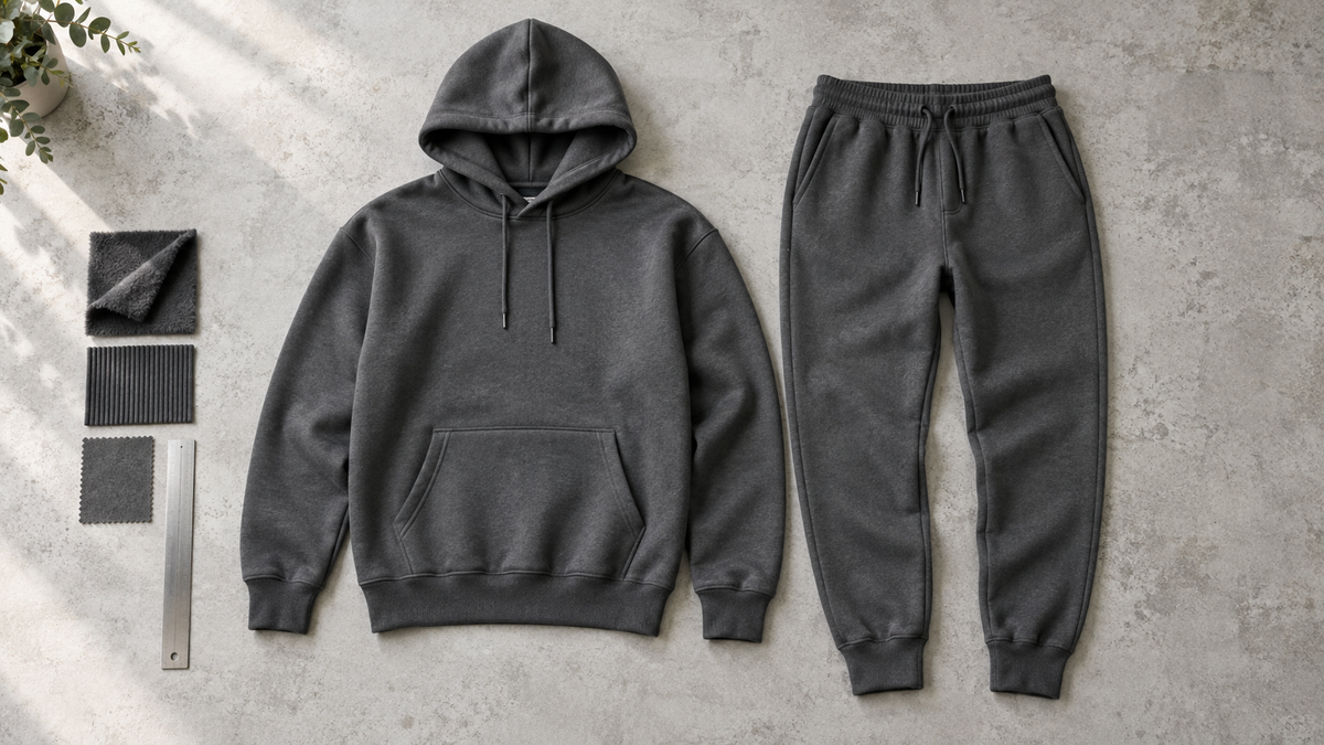 Charcoal hoodie and matching cuffed joggers laid beside fleece and rib swatches on a gray workbench