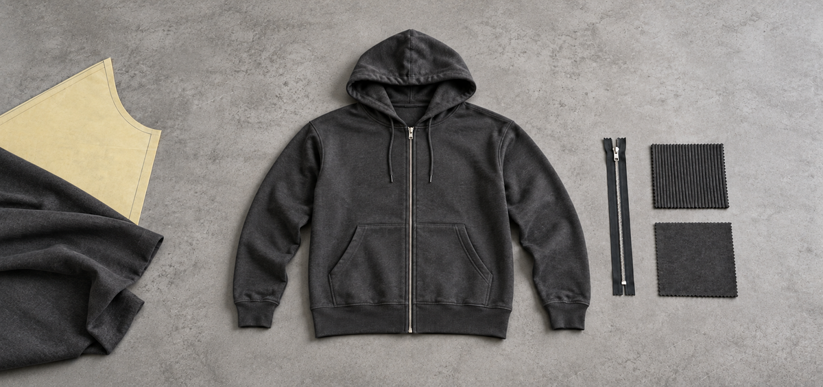 Charcoal adult zip-up hoodie laid flat beside a zipper detail and rib swatches on a gray workbench