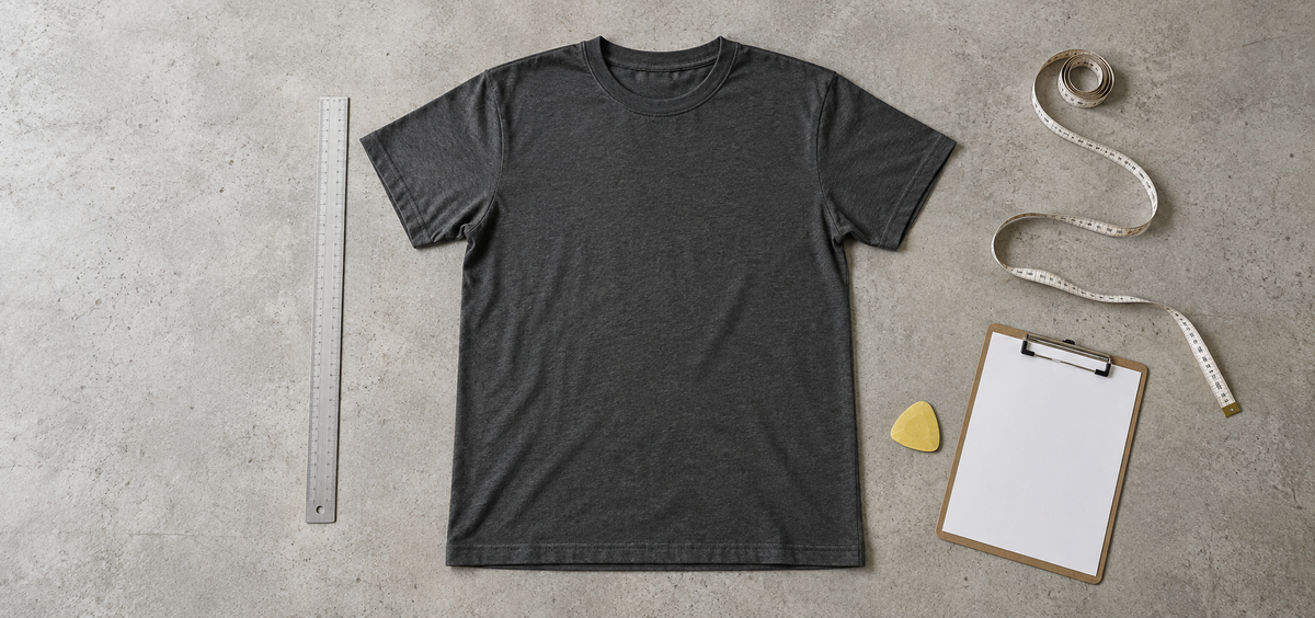 Charcoal cotton T-shirt laid flat on a gray workbench with a ruler, measuring tape and blank specification sheet