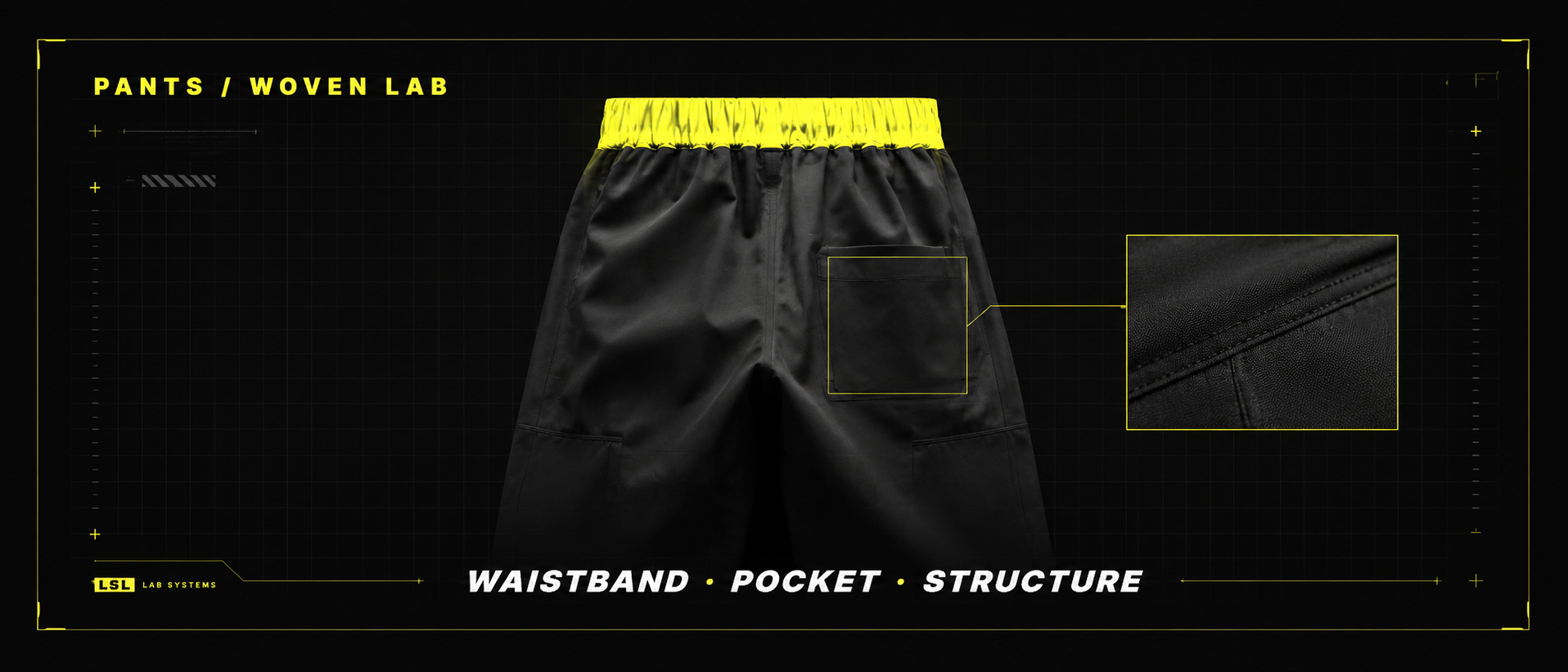 Custom pants and woven lab with waistband pocket and structure development